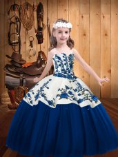 Trendy Blue Ball Gowns Embroidery Child Pageant Dress Lace Up Tulle Sleeveless Floor Length