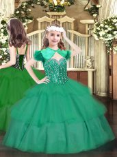 Trendy Turquoise Ball Gowns Beading and Ruffled Layers Little Girls Pageant Dress Wholesale Lace Up Organza Sleeveless Floor Length