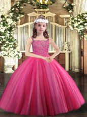 Hot Pink Ball Gowns Tulle Straps Sleeveless Beading Floor Length Lace Up Party Dress