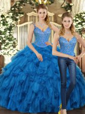 Best Teal Sleeveless Organza Lace Up 15 Quinceanera Dress for Military Ball and Sweet 16 and Quinceanera