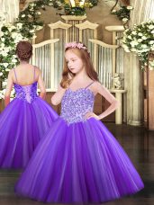 Lavender Little Girls Pageant Gowns Party and Quinceanera with Appliques Spaghetti Straps Sleeveless Lace Up