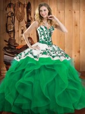 Low Price Sleeveless Satin and Organza Floor Length Lace Up Sweet 16 Dresses in Turquoise with Embroidery and Ruffles