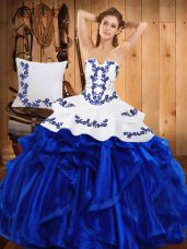 Blue Satin and Organza Lace Up Strapless Sleeveless Floor Length Quinceanera Dress Embroidery and Ruffles