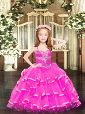 Hot Pink Sleeveless Organza Lace Up Party Dress for Party and Quinceanera