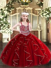 Sweet Straps Sleeveless Little Girls Pageant Gowns Floor Length Beading and Ruffles Wine Red Organza