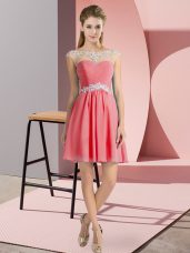 Watermelon Red Lace Up Scoop Beading Prom Dresses Chiffon Cap Sleeves