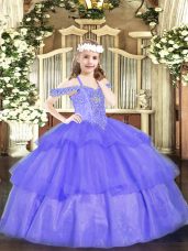 Trendy Beading and Ruffled Layers Kids Formal Wear Lavender Lace Up Sleeveless Floor Length