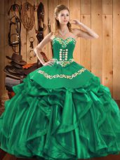 Suitable Green Sweetheart Lace Up Embroidery and Ruffles Sweet 16 Dresses Sleeveless