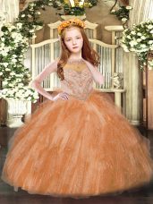 Elegant Ball Gowns Little Girls Pageant Dress Rust Red Scoop Tulle Sleeveless Floor Length Zipper