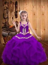 Enchanting Organza Straps Sleeveless Lace Up Embroidery and Ruffles Kids Formal Wear in Eggplant Purple