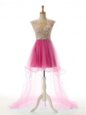Fabulous Tulle Scoop Sleeveless Backless Appliques Dress for Prom in Fuchsia
