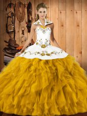 Designer Gold Sleeveless Floor Length Embroidery and Ruffles Lace Up Quinceanera Gowns