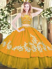Gold 15 Quinceanera Dress Military Ball and Sweet 16 and Quinceanera with Beading and Appliques Scoop Sleeveless Zipper