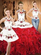 Halter Top Sleeveless Lace Up Sweet 16 Quinceanera Dress White And Red Satin and Organza