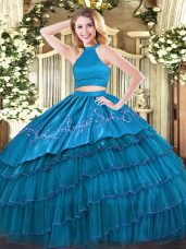 Most Popular Sleeveless Floor Length Beading and Embroidery and Ruffled Layers Backless Sweet 16 Dress with Teal