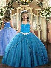 Fashionable Blue Sleeveless Tulle Sweep Train Lace Up Pageant Dress for Womens for Party and Quinceanera