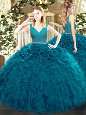 Artistic Teal Tulle Zipper V-neck Sleeveless Floor Length Quinceanera Gown Beading and Ruffles