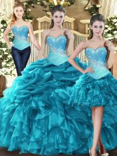 High Class Aqua Blue Tulle Lace Up Quince Ball Gowns Sleeveless Floor Length Beading and Ruffles