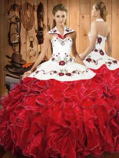 Perfect Wine Red Sleeveless Satin and Organza Lace Up Quinceanera Dress for Military Ball and Sweet 16 and Quinceanera