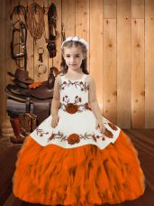 Latest Sleeveless Floor Length Embroidery and Ruffles Lace Up Casual Dresses with Orange