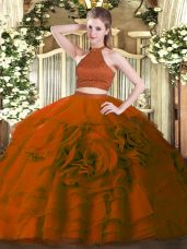 Rust Red Two Pieces Beading and Ruffles Quinceanera Gown Backless Tulle Sleeveless Floor Length