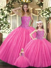 Hot Pink Ball Gowns Tulle Sweetheart Sleeveless Beading Floor Length Lace Up Ball Gown Prom Dress
