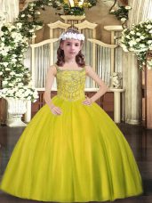 Yellow Green Lace Up Kids Pageant Dress Beading Sleeveless Floor Length