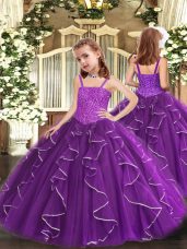 Enchanting Sleeveless Floor Length Beading and Ruffles Lace Up Casual Dresses with Purple