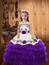 Eggplant Purple Ball Gowns Organza Straps Sleeveless Embroidery and Ruffled Layers Floor Length Lace Up Pageant Dresses