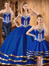 Blue Three Pieces Sweetheart Sleeveless Satin and Tulle Floor Length Lace Up Embroidery Sweet 16 Dress
