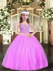 Most Popular Lilac Ball Gowns Straps Sleeveless Tulle Floor Length Lace Up Beading Girls Pageant Dresses