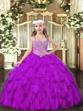 Purple Straps Lace Up Beading and Ruffles Little Girls Pageant Dress Sleeveless