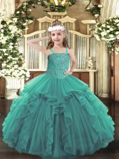 Turquoise Tulle Lace Up Straps Sleeveless Floor Length Little Girls Pageant Dress Wholesale Beading and Ruffles