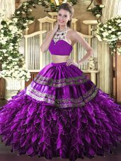 Sleeveless Floor Length Beading and Ruffles Backless Sweet 16 Quinceanera Dress with Eggplant Purple