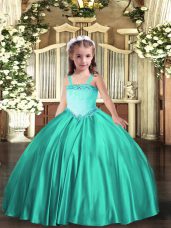 Simple Turquoise Ball Gowns Appliques Kids Formal Wear Lace Up Satin Sleeveless Floor Length