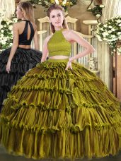 Amazing Olive Green Organza Backless Vestidos de Quinceanera Sleeveless Floor Length Beading and Ruffled Layers