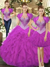 Beauteous Beading and Ruffles Ball Gown Prom Dress Fuchsia Lace Up Sleeveless Floor Length