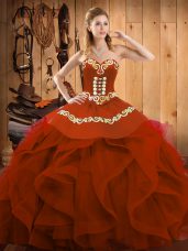 Pretty Rust Red Organza Lace Up Sweetheart Sleeveless Floor Length Vestidos de Quinceanera Embroidery and Ruffles