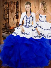 Ideal Blue Satin and Organza Lace Up Quinceanera Gowns Sleeveless Floor Length Embroidery and Ruffles