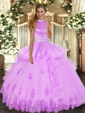 Low Price Lilac Sleeveless Floor Length Beading and Ruffles Backless Quinceanera Dresses