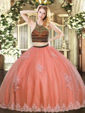 Attractive Sleeveless Tulle Floor Length Zipper Sweet 16 Quinceanera Dress in Coral Red with Beading and Appliques