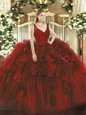 Wine Red Ball Gowns V-neck Sleeveless Organza Floor Length Backless Beading and Lace and Ruffles Sweet 16 Dresses