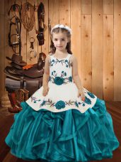Fashionable Straps Sleeveless Lace Up Pageant Dress Teal Organza