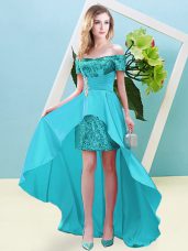 Fine Aqua Blue Empire Elastic Woven Satin and Sequined Off The Shoulder Short Sleeves Beading High Low Lace Up Prom Gown