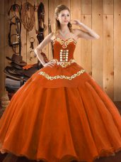 Rust Red Ball Gowns Sweetheart Sleeveless Tulle Floor Length Lace Up Ruffles Quinceanera Gown