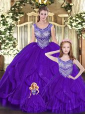 Floor Length Eggplant Purple Quinceanera Dress Scoop Sleeveless Lace Up