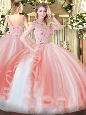 Peach Ball Gowns Bateau Sleeveless Tulle Floor Length Zipper Beading and Ruffles Vestidos de Quinceanera