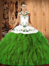 Popular Halter Top Sleeveless Lace Up Quinceanera Dress Olive Green Satin and Organza