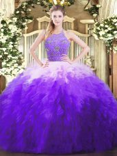 Multi-color Tulle Zipper Quinceanera Dresses Sleeveless Floor Length Beading and Ruffles