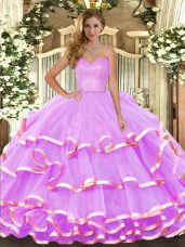 Lilac Organza Lace Up Quinceanera Gown Sleeveless Floor Length Ruffled Layers